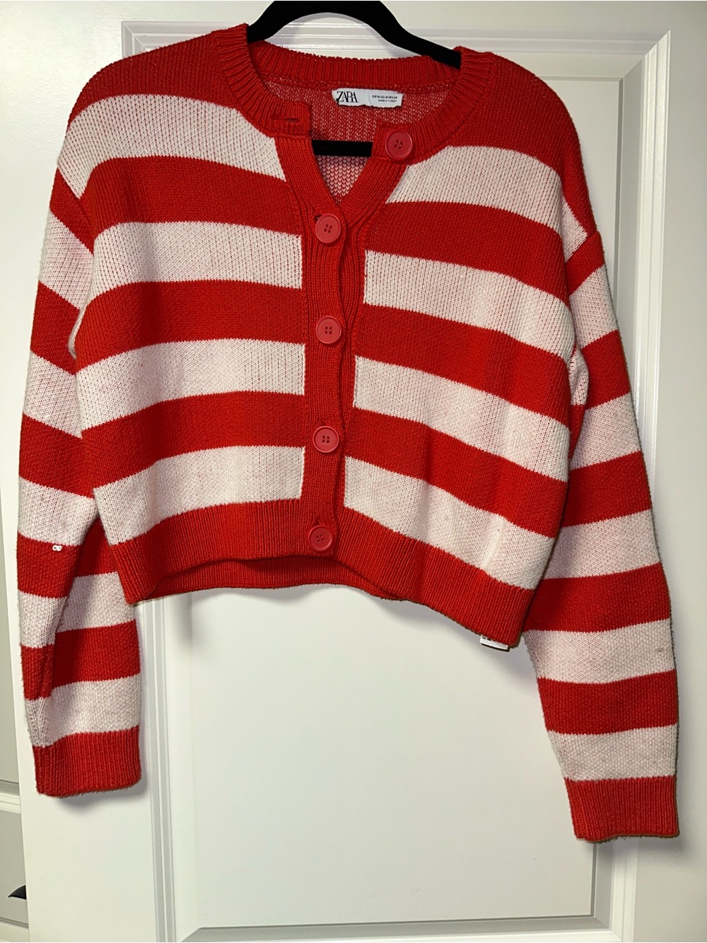 Zara Orange and Light Pink Striped Button-Front Cropped Cardigan